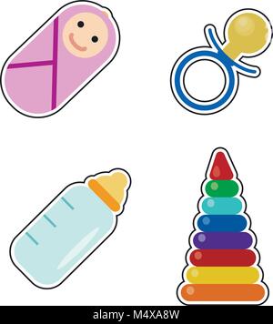 Baby Symbole gesetzt. Vektor. Baby Symbole oder Aufkleber auf weißem Hintergrund. Datenerfassungsvorlage Elemente für neugeborene Kinder in flacher Ausführung. Bunte Stock Vektor