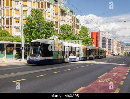 Ein Stadler Tango Straßenbahnwagen durch die Transports Publics Genevois (TPG) in Genf, Schweiz Stockfoto