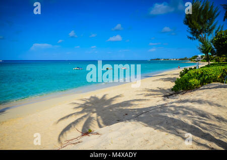 Palmen Schatten auf weißem Sand Strand, am frühen Morgen verlassen. Stockfoto