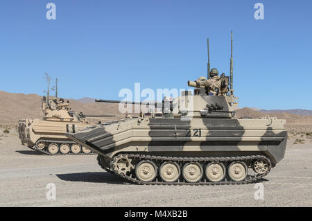 In FORT IRWIN, Kalifornien - Blackhorse Troopers vom 11 Armored Cavalry Regiment treffen ihre Bewegung in zentralen Korridor der National Training Center gegen angreifende Elemente der 3rd Cavalry Regiment zu diskutieren, von Fort Hood, Texas. Feb 16, 2018. Diese Phase des Kampfes gegen die "Brave Gewehre "Brigade Fähigkeit Terrain gegen eine in der Nähe von-peer Gegner zu verteidigen. (U.S. Armee Foto von SPC. Engel Heraldez, 11. ACR, PAO) Stockfoto