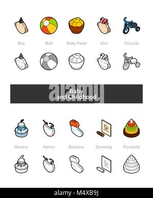 Eingestellt von isometrischen Symbole in Otline Stil, farbigen und schwarzen Versionen Stock Vektor