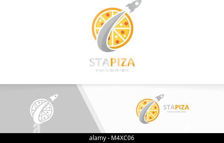 Vektor pizza und Rakete logo Kombination. Essen und Flugzeug Symbol oder Icon. Einzigartige Pizzeria und Flug Logo Design Template. Stock Vektor