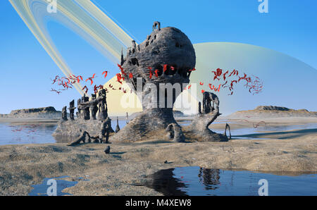 Fremden Planeten Landschaft, fliegenden roten Kreaturen Schärmen um geheimnisvollen Felsformationen Stockfoto