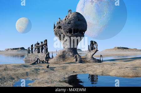 Fremden Planeten Landschaft mit Seen und seltsamen Felsformationen Stockfoto