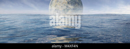 Riesige fremden Planeten steigt über den Ozean von einer fernen Welt (3d-Grafik Banner) Stockfoto