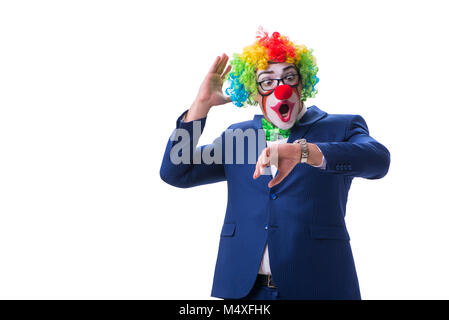 Lustiger Clown Geschäftsmann isoliert auf weißem Hintergrund Stockfoto