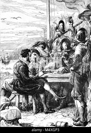 Sir Walter Raleigh (1554-1618), englischer Schriftsteller, Dichter, Soldat, Politiker und Explorer mit seiner Mannschaft in der Neuen Welt auf seiner zweiten Expedition 1617 nach Venezuela auf der Suche nach El Dorado (Gravur, 1888) Stockfoto