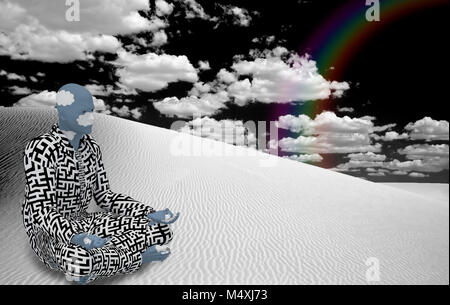 Surrealismus. Abbildung der Mann im Anzug mit Labyrinth Muster sitzt in Lotus in die Weiße Wüste darstellen. Stockfoto