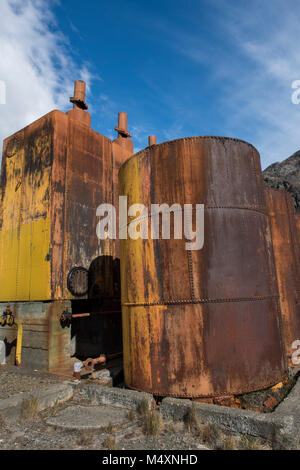 Britisches Territorium, South Georgia. Historischen Walfang Beilegung von grytviken. Alte Wal, Wale Öltanks. Stockfoto