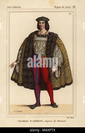 Charles II. d'Amboise, Seigneur de Chaumont, Gouverneur von Mailand 1473-1511. Papierkörbe Lithographie von Leopold Massard nach einem Portrait in Roger de Gaignieres' portfolio VII 95 von Le Bibliophile Jakob aka Paul Lacroix's Kostüme Historiques de la France (Historische Kostüme von Frankreich), Verwaltung de Librairie, Paris, 1852. Stockfoto