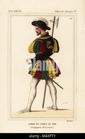 Garde du Corps du Roi, Compagnie Ecossaise. Royal bodyguard König Franz I., Erste Schottische Gesellschaft gegründet im Jahre 1419. Papierkörbe Lithographie von Leopold Massard nach einer Miniatur in Roger de Gaignieres' portfolio VIII 78 aus Le Bibliophile Jakob aka Paul Lacroix's Kostüme Historiques de la France (Historische Kostüme von Frankreich), Verwaltung de Librairie, Paris, 1852. Stockfoto