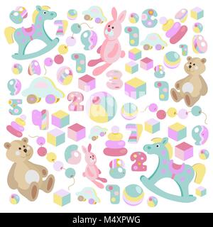 Kinder Spielzeug Cartoon Stil Teddybär Pastell, Schaukelpferd, rosa Kaninchen Vektor einrichten Stock Vektor