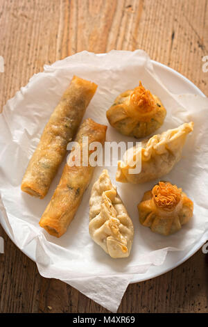 Garnelen Wan-tan, Gemüse Frühlingsrollen und Gemüse Geld beutel Stockfoto