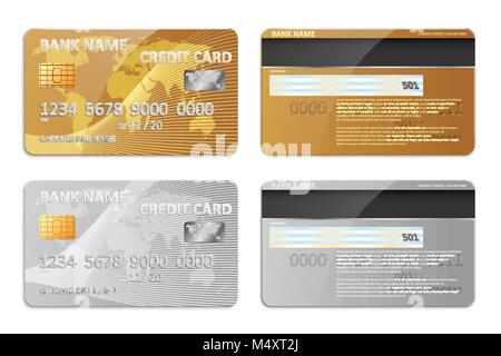 Realistische Gold und Silber bank Kreditkarte Vorlage isoliert. Bank Kunststoff Kreditkarte mockup mit abstrakten Design und Weltkarte für Banking. Vector Illustration Stock Vektor