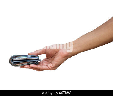Ein Mann Hand, die Geldbörse mit Geld auf weißem Hintergrund mit Freistellungspfad isoliert. Stockfoto