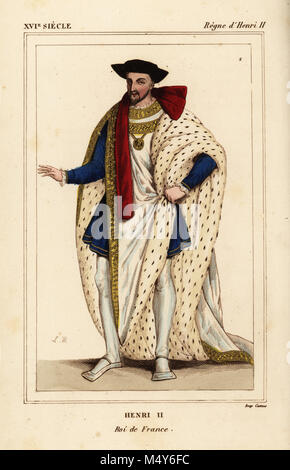König Heinrich II. von Frankreich in das Kostüm des Ordens von St. Michel. Henri II, Roi de France. Abbildung gezeichnet und Lithographiert von Leopold Massard aus einer Miniatur in Roger de Gaignieres' Gallery portfolio VIII 92. Von Le Bibliophile Jakob aka Paul Lacroix's Kostüme Historiques de la France (Historische Kostüme von Frankreich), Verwaltung de Librairie, Paris, 1852. Stockfoto