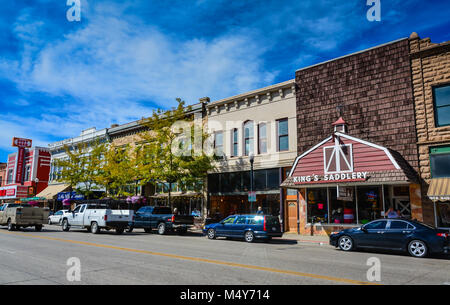 Sheridan, WY, USA. Western Heritage auf Anzeige an Shop und Museum, Sättel und andere Lederwaren, Pferd und Cowboy Kultur. Stockfoto