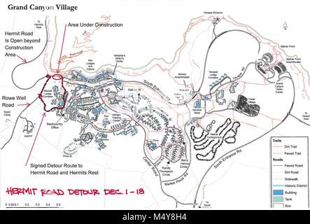 Ab dem 1. Dezember 2015 die landschaftlichen und historischen Einsiedler Straße auf alle Fahrzeuge für die Wintermonate geöffnet hat (Dezember, Januar und Februar.) Jedoch, Bau findet an der Einsiedler Straße/Dorf Datenaustausch und park Bewohner und Besucher müssen einen Umweg in der Lage sein, Ihre persönlichen Fahrzeuge auf Einsiedler Straße zu fahren. Der Umweg ist durch die Thunderbird Lodge Komplex Rowe gut Straße verlegt. Der Umweg ist etwa drei Wochen zu dauern, mit dem Projekt um 18. Dezember 2015 abgeschlossen werden. Die Route wird auf der Karte markiert. Grand Canyon Einsiedler Straße Deto Stockfoto