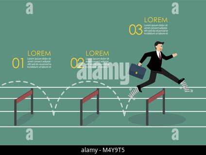 Geschäftsmann mit elastischen Schuhe über die Hürde springen. Infografik. Business Konzept Stock Vektor