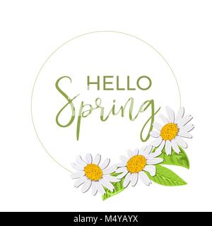 Hallo Frühling. Schöne Daisy wreath isoliert. Eleganten floralen Kamillenblüten Sammlung. Rahmen, Text. Vektor Blumen. Design für die Einladung, wir Stock Vektor