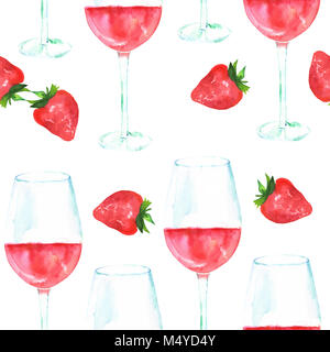 Nahtlose Muster mit Rose Wein und Erdbeeren, Aquarell, wiederholen Sie Drucken auf weißem Stockfoto