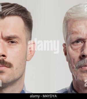 Collage aus zwei Porträts von den gleichen alten Mann und junger Mann. Face Lifting, Alterung und Hautpflege Konzept. Conparison Stockfoto