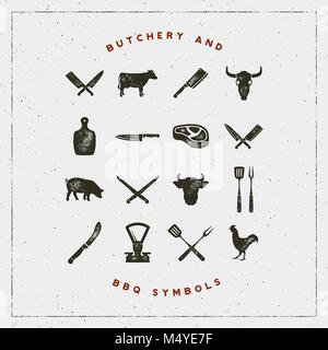 Einstellen der Fleischerei und Grill Symbole mit typografischen Effekt. Vector Illustration Stock Vektor