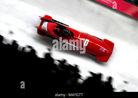 Der Österreicher Markus Treichl beim Two man Bobsleigh Heat 3 im Olympic Sliding Center am zehnten Tag der Olympischen Winterspiele in PyeongChang 2018 in Südkorea. DRÜCKEN SIE VERBANDSFOTO. Bilddatum: Montag, 19. Februar 2018. Siehe PA Geschichte OLYMPICS Bobsleigh. Bildnachweis sollte lauten: David Davies/PA Wire. Stockfoto