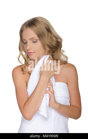 Porträt der schönen Frau mit Handtuch Stockfoto