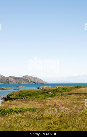 Blick über die Wiesen auf den Hügeln von South Glendale auf der Isle of South Uist, Äußere Hebriden mit den Minch und das Meer der Hebriden über Stockfoto