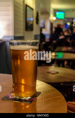 Ein Pint Ale oder Traditionelles britisches Bier in einem Pub, Devon, Großbritannien. Februar 2018. Stockfoto