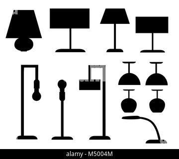 Der schwarze Silhouetten verschiedener Arten von Lampen und Leuchten für Vektor-illustration auf weißem Hintergrund Web site Seite und mobile App isoliert d Stock Vektor