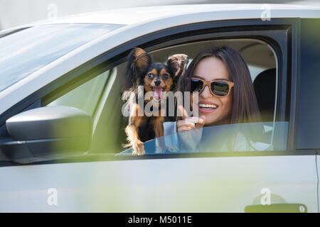 Frau und Hund im Auto im Sommer reisen. Lustiger Hund reisen. Urlaub mit Haustier-Konzept. Stockfoto