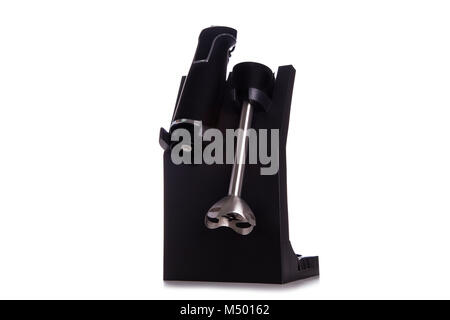 Schwarze hand Mixer. Moderne Stabmixer. Standmixer mit weißer Farbe. Elektrische hand Mixer., kleiner elektrischer Mixer isoliert auf Weiss. Stockfoto