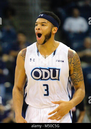 Februar 15, 2018 - Old Dominion Monarchen guard B.J. Stith (3) reagiert, nachdem er drei Zeiger während der UTSA Roadrunners vs Old Dominion Monarchen Spiel an Ted Konstante Zentrum in Norfolk, Virginia. Alte Herrschaft beat UTSA Aufzeichnung 100-62. Jen Hadsell/CSM Stockfoto