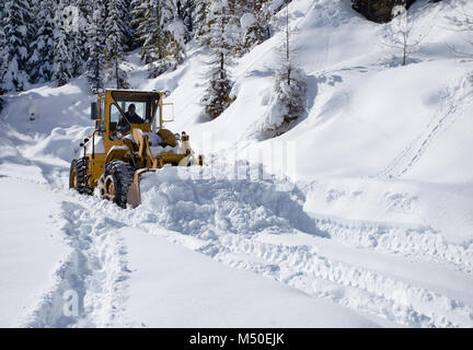 Noxon, Montana, USA. 19. Februar, 2018. Snow event. Ein Caterpillar 950 mit Gummibereifung artikuliert Lader Schneeräumen auf einem Berg Straße nördlich des Noxon, in Sanders County Montana. Der Lader wird von delbert Bowe von Libby, Montana betrieben. Die Straße ist in einem abgelegenen Teil des Schrankes Bergen, etwa 20 km nördlich von Noxon, Montana. Die Gegend war mit schweren Schnee, die aus dem Westen über das Wochenende kam, das mehrere Tage dauerte und Gedumpten über 20 Zentimeter Schnee in den Höhenlagen. Stockfoto