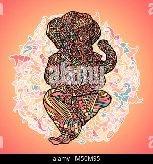 Lord Ganesha auf indischen Mandala Hintergrund. Asiatische Muster mit Blätter und Blüten. Yoga Stil drucken. Bunte Vektor illustration Stock Vektor