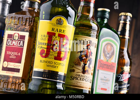 Flaschen mit verschiedenen globalen Schnaps Marken Stockfoto