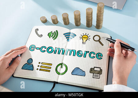 Frau Zeichnung Ecommerce Online Shopping Konzept in Notepad Stockfoto