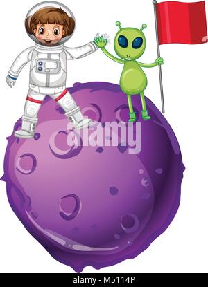 Astronaut und Alien auf lila Planeten Abbildung Stock Vektor