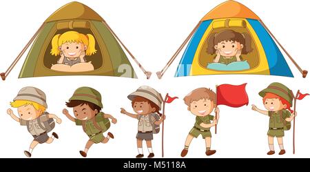 Viele Kinder in Safari Outfit laufen und Camping in Zelt Abbildung Stock Vektor