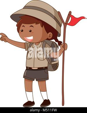 Mädchen in Safari Outfit Holding flag Abbildung Stock Vektor