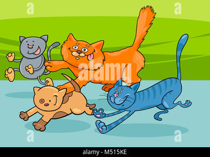 Laufen Katzen Gruppe Cartoon Illustration Stockfoto