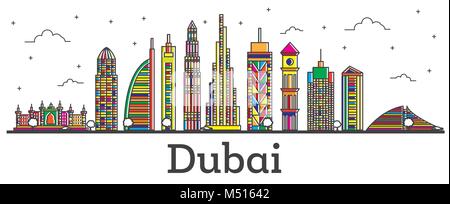 Umrisse Dubai UAE Skyline der Stadt mit Farbe Gebäude isoliert auf Weiss. Vector Illustration. Line Art Dubai Stadtbild mit Sehenswürdigkeiten. Stock Vektor