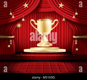 Goldene Sieger Cup und roten Bühnenvorhang. Vector Illustration. Theater, Oper oder Kino Szene. Licht auf einer Etage. Stock Vektor
