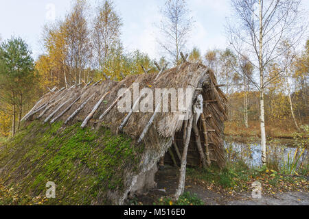 Gras Hütte im Wald im Herbst an einem See. Stockfoto