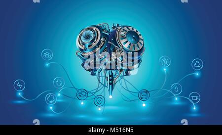 Künstliche Intelligenz. Elektronische Gehirn steuert die Systeme des smart Stadt. Das Internet der Dinge. Vektor Stock Vektor