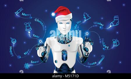 Roboter in eine rote Kappe von Santa Claus stützt sich auf holografischen Bildschirm Weihnachten Muster: Baum, Jingle Bell, Zuckerstange, Schneeflocke, Kugel, Geschenk. Roboter verwaltet Stock Vektor