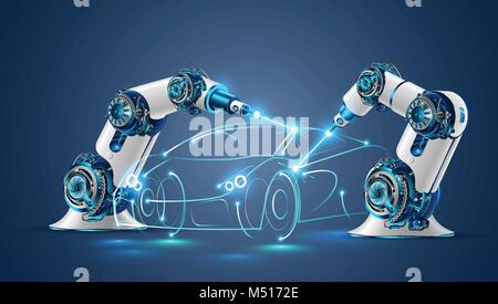 Roboter Schweißer in der Automobilindustrie. Weiße Roboter Schweissen Karosserie auf Automobilwerk. Die Roboter zeichnen die Umrisse der Concept Car mit einem Laser Stock Vektor
