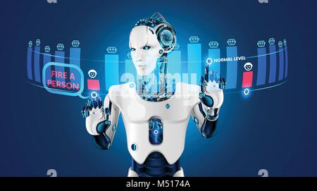 Der Roboter mit künstlicher Intelligenz feuerte einen Menschen von der Arbeit. Roboter ersetzen die menschliche Arbeitskräfte für die Industrie. Der Mensch verlor seinen Job an einen Roboter. Automat Stock Vektor